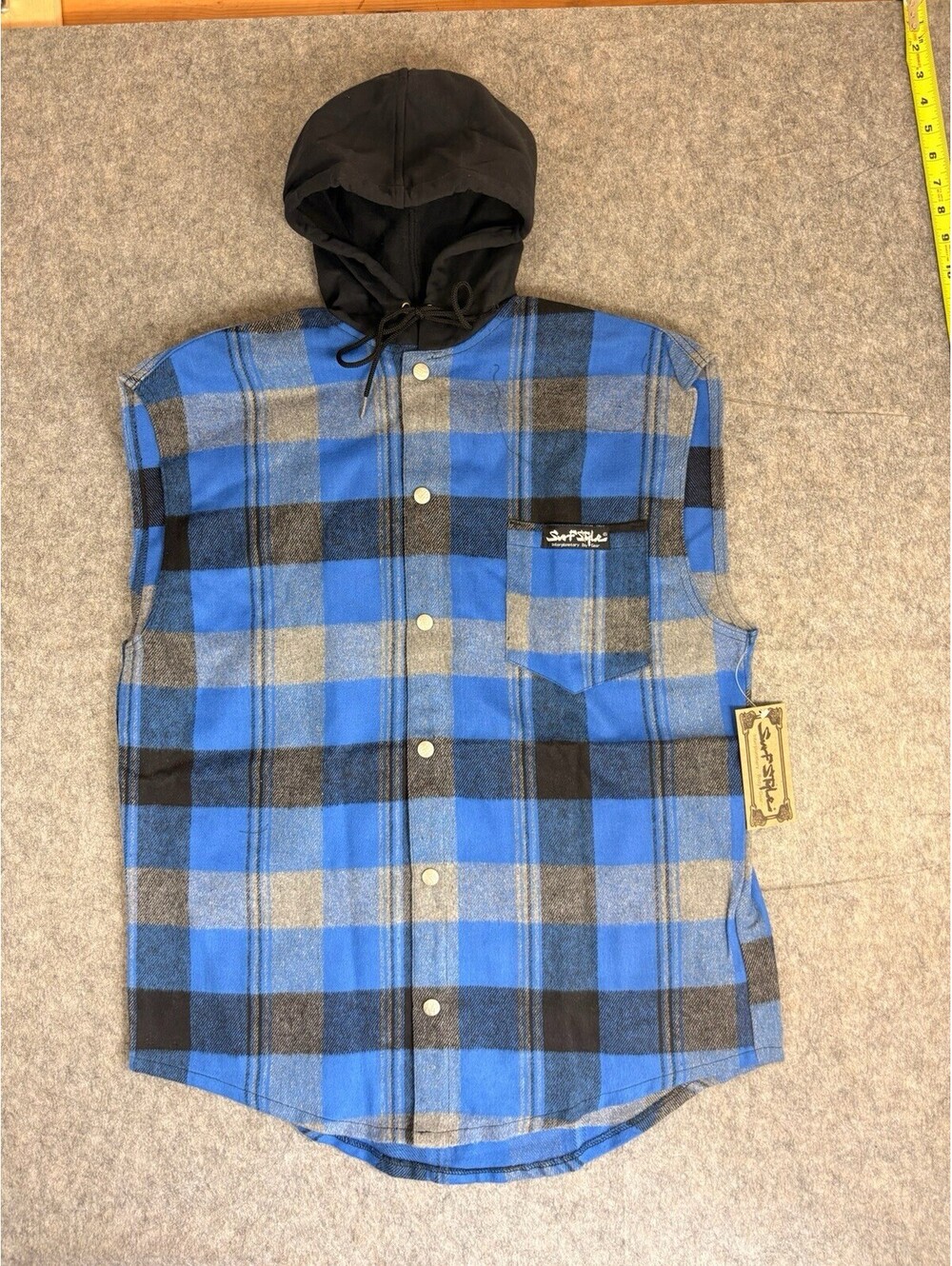 Vintage Surf Style 90s Plaid Flannel Snap Button Sleeveless Hoodie USA S/M